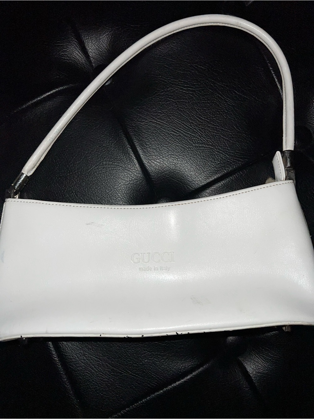White Leather Shoulder Bag with Slim Top Handle